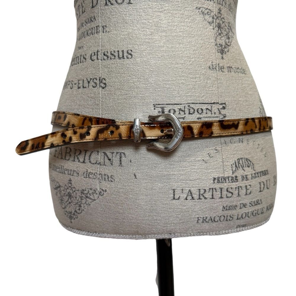 Vintage 1996 Brighton Leopard Print Leather Skinny Belt Silver Hardware Sz 38
